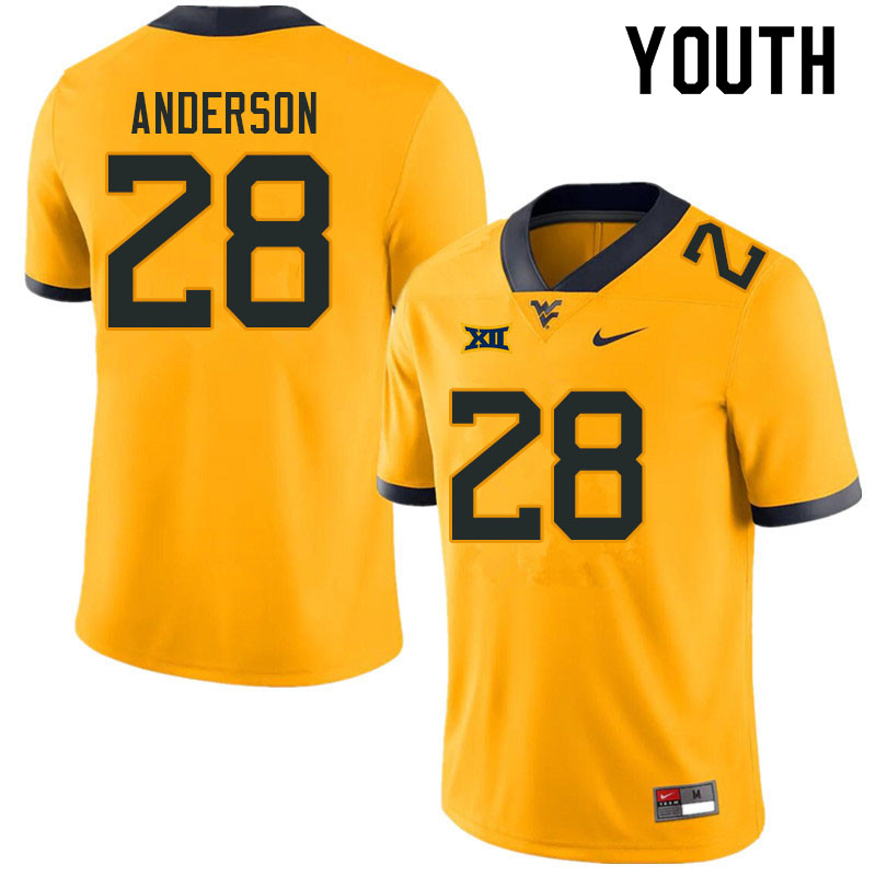Youth #28 Jaylen Anderson West Virginia Mountaineers College Football Jerseys Sale-Gold - Click Image to Close